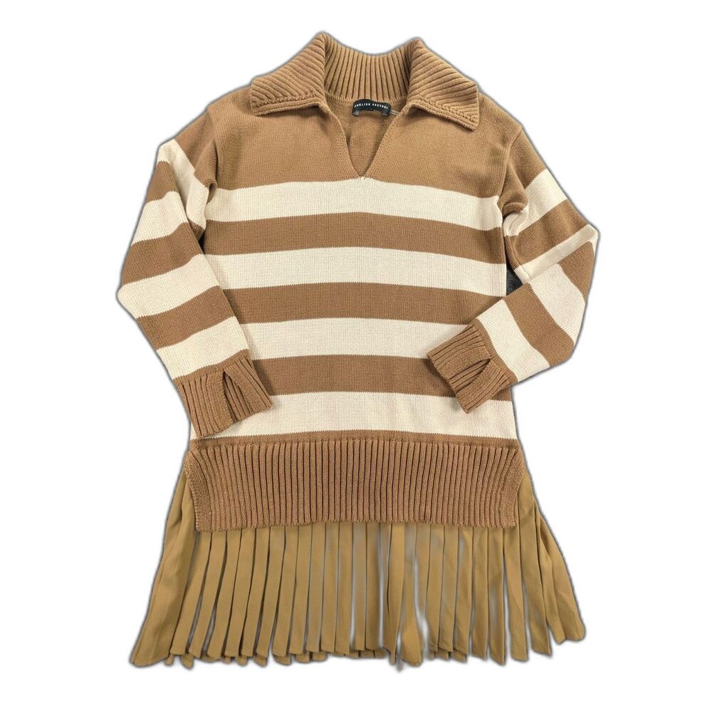English Factory Striped Mixed Media Pleated Mini Dress S Camel Preppy Academia